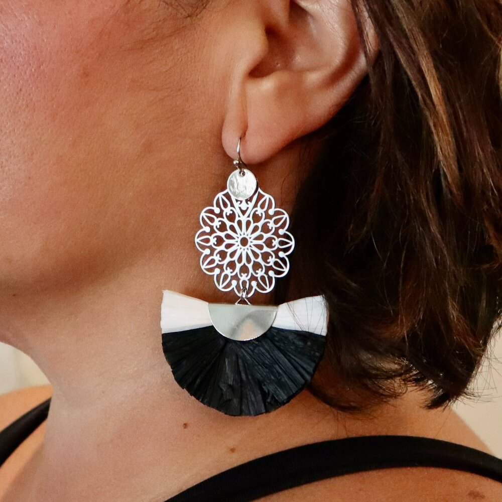 Elegant Black & White Fan Statement Earrings | Raffia & Silver Filigree